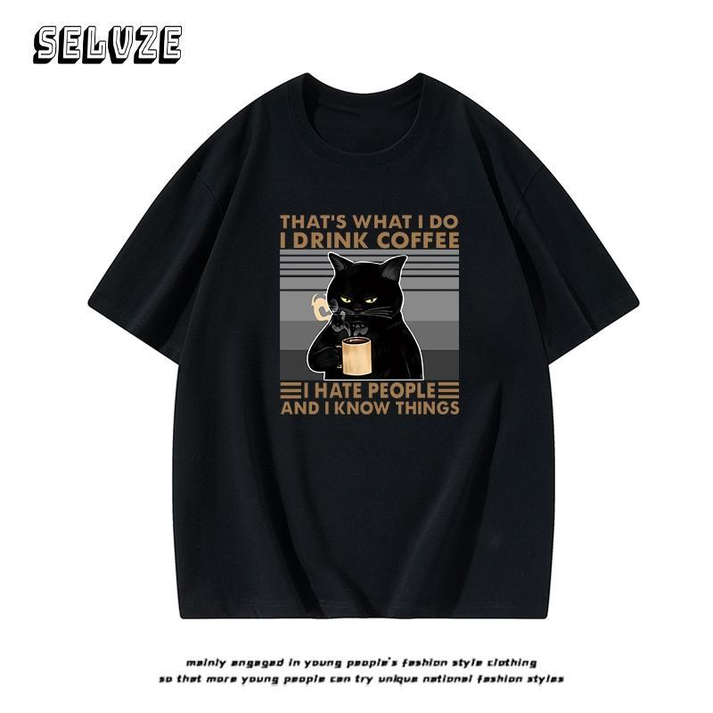 [COSCHIC]I0041 American Retro Oversize Black Cat Tee