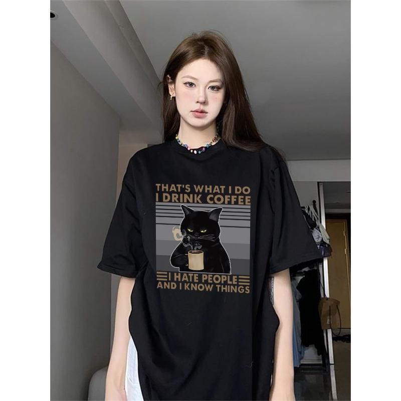[COSCHIC]I0041 American Retro Oversize Black Cat Tee