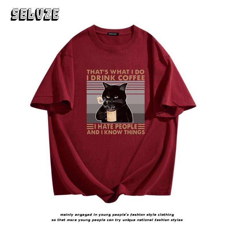 [COSCHIC]I0041 American Retro Oversize Black Cat Tee