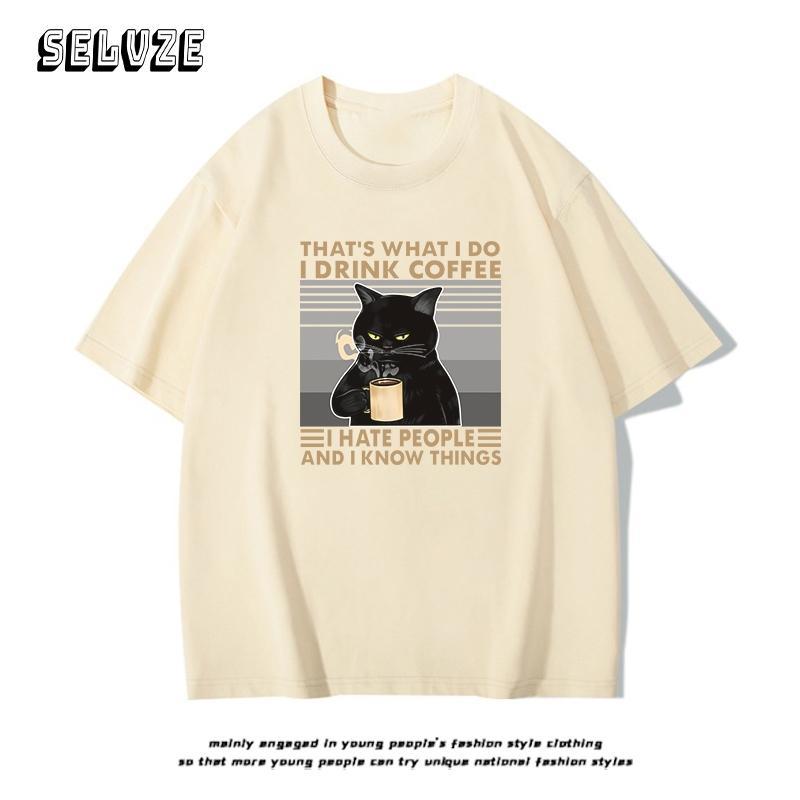 [COSCHIC]I0041 American Retro Oversize Black Cat Tee