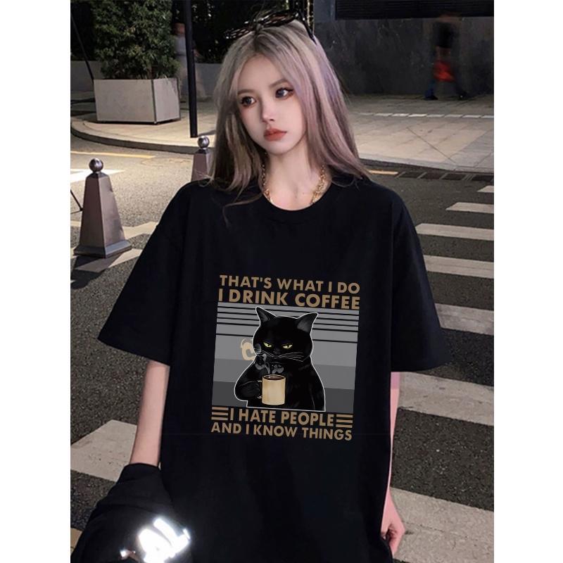 [COSCHIC]I0041 American Retro Oversize Black Cat Tee