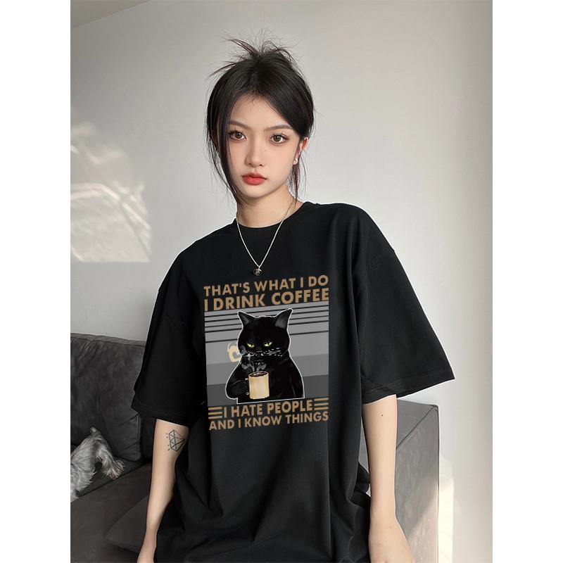 [COSCHIC]I0041 American Retro Oversize Black Cat Tee